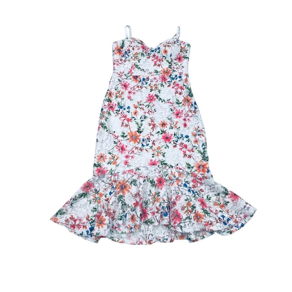 Guess Floral Lace Midi Dress 8 White Pink Coquette Mermaid Hem Cocktail Romantic